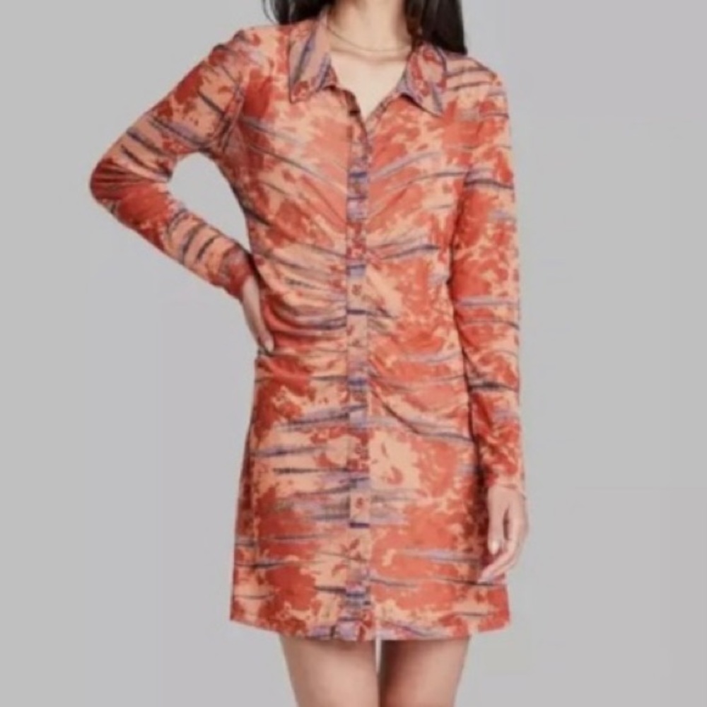 Wild Fable Small Mesh Long Sleeve Button Up Orange Tie-Dye Dress